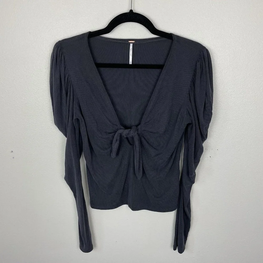 Free People Puff Shoulder Tie Front Tie The Knot Top Ribbed Long Sleeves Gray S